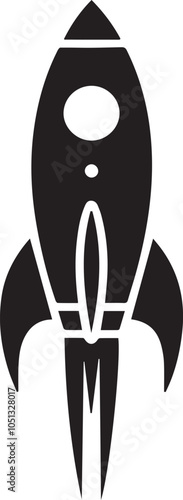 A minimalist black and white vector illustration of a space rocket icon. EPS File