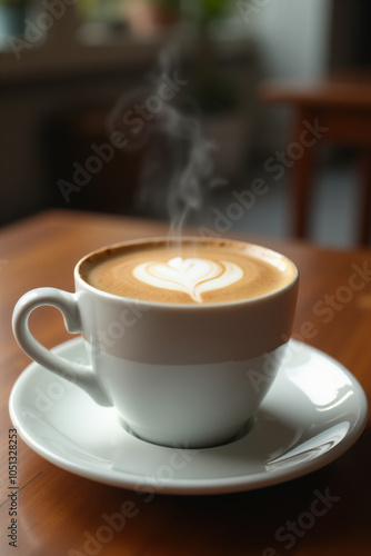 Сup of coffee on a wooden table in a coffee shop.