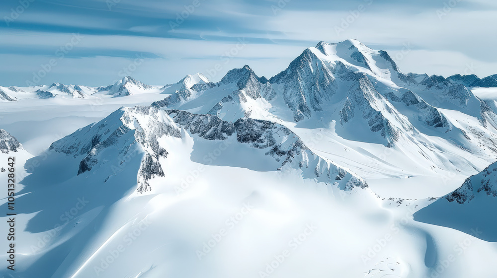 Obraz premium Majestic snow covered mountains rise dramatically against clear blue sky, showcasing beauty of natures rugged terrain. serene landscape evokes sense of tranquility and awe