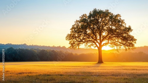 Solitary tree against a vibrant sunrise in a serene landscape.