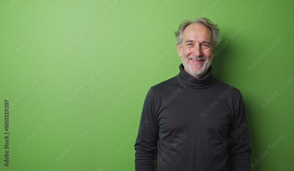 Obraz premium Senior man with cheerful smile posing against bright green background with copy space