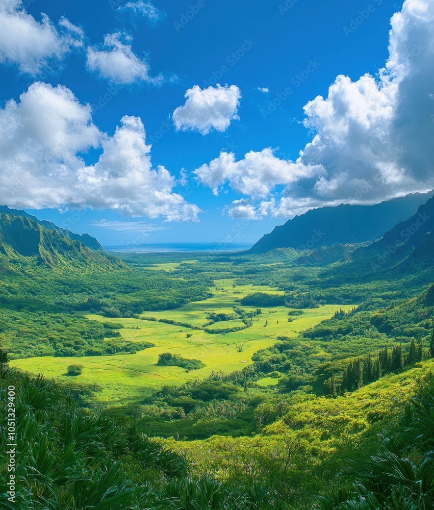 Obraz premium A panoramic view of a lush green valley with mountains in the background and the ocean in the distance. The sky is blue with white clouds.