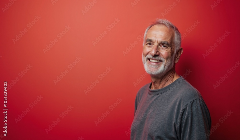 Fototapeta premium Cheerful Senior Man Smiling Against Vibrant Red Background with Copy Space