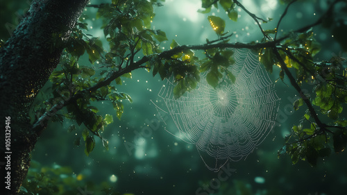 A spider web is hanging from a tree branch. The web is covered in dew and the leaves are wet. The spider is not visible