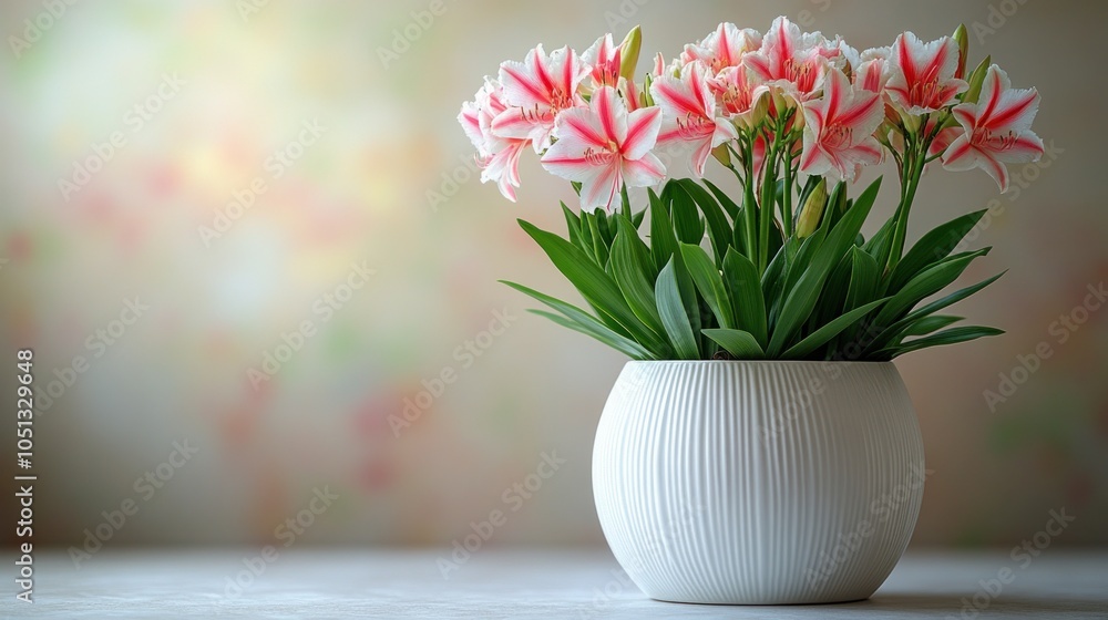 A vibrant bouquet of pink flowers in a modern white vase. A vibrant bouquet of pink flowers in a modern white vase.