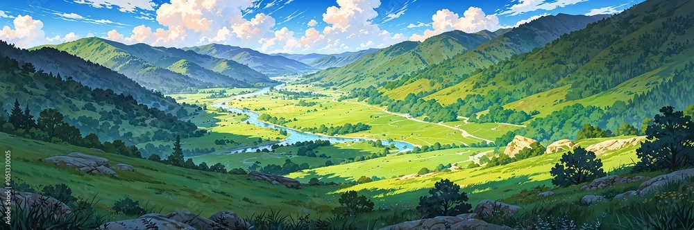 Tranquil anime valley with rolling hills rivers and distant mountains Tranquil anime valley with rolling hills rivers and distant mountains