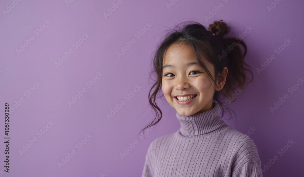 Asian Girl with Cheerful Smile Wearing Turtleneck Sweater Against Purple Background with Copy Space Asian Girl with Cheerful Smile Wearing Turtleneck Sweater Against Purple Background with Copy Space