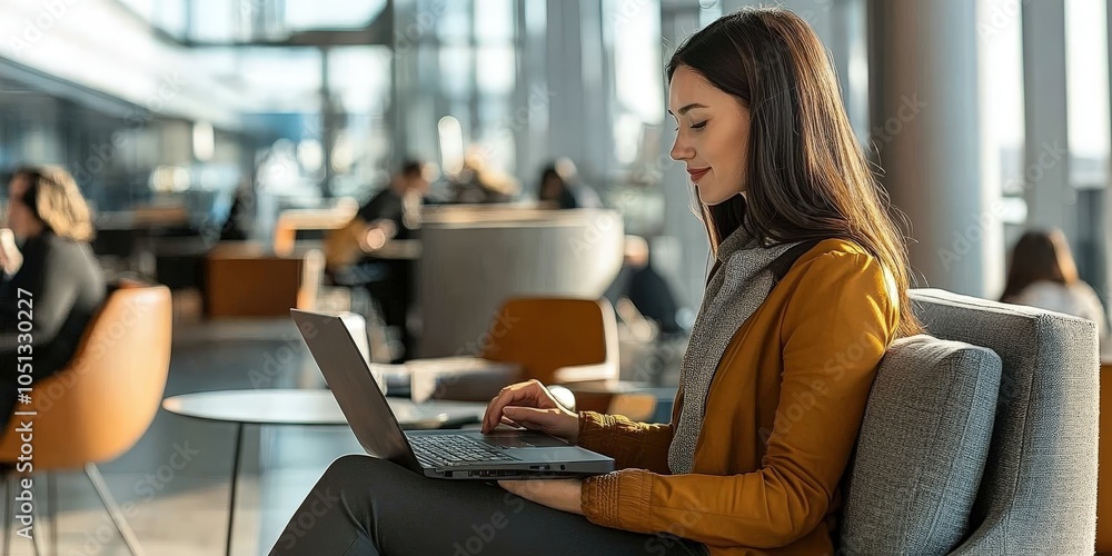 Obraz premium Woman Working on Laptop in Modern Office.