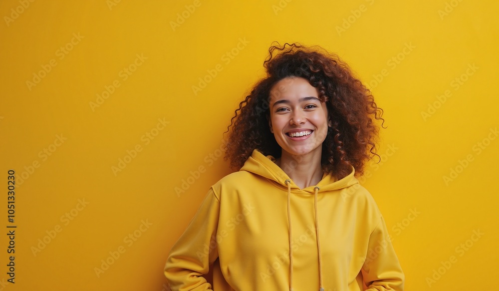 Cheerful woman with curly hair smiling brightly against vibrant yellow background with copy space Cheerful woman with curly hair smiling brightly against vibrant yellow background with copy space