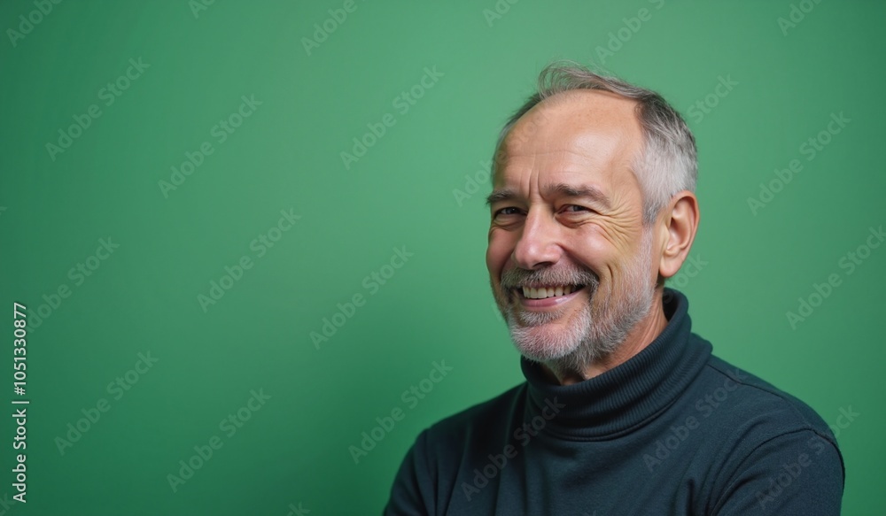 Fototapeta premium Mature man with cheerful expression smiling against green background with copy space