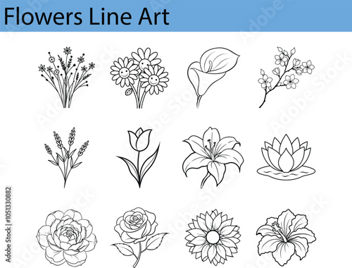 A collection of 12 black and white line drawings depicting various types of flowers, including daisies, lilies, roses, and more.