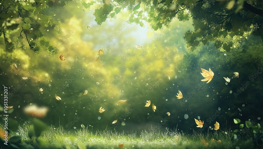 A green tree growing on the grassland, with sunlight shining through the leaves and flying particles in front of it A green tree growing on the grassland, with sunlight shining through the leaves and flying particles in front of it