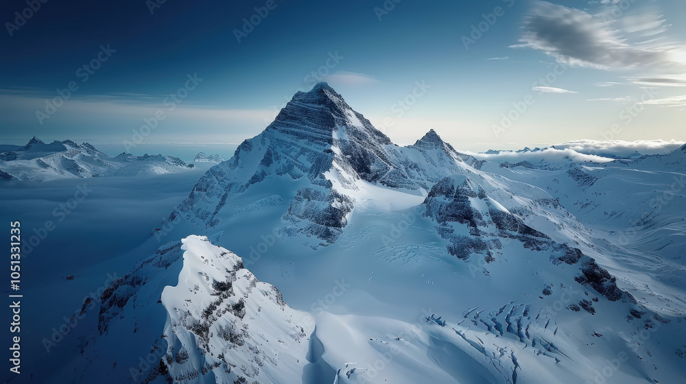 Obraz premium Majestic snow covered mountain peaks rise against clear blue sky, showcasing beauty of natures untouched landscapes. serene atmosphere evokes sense of tranquility and wonder