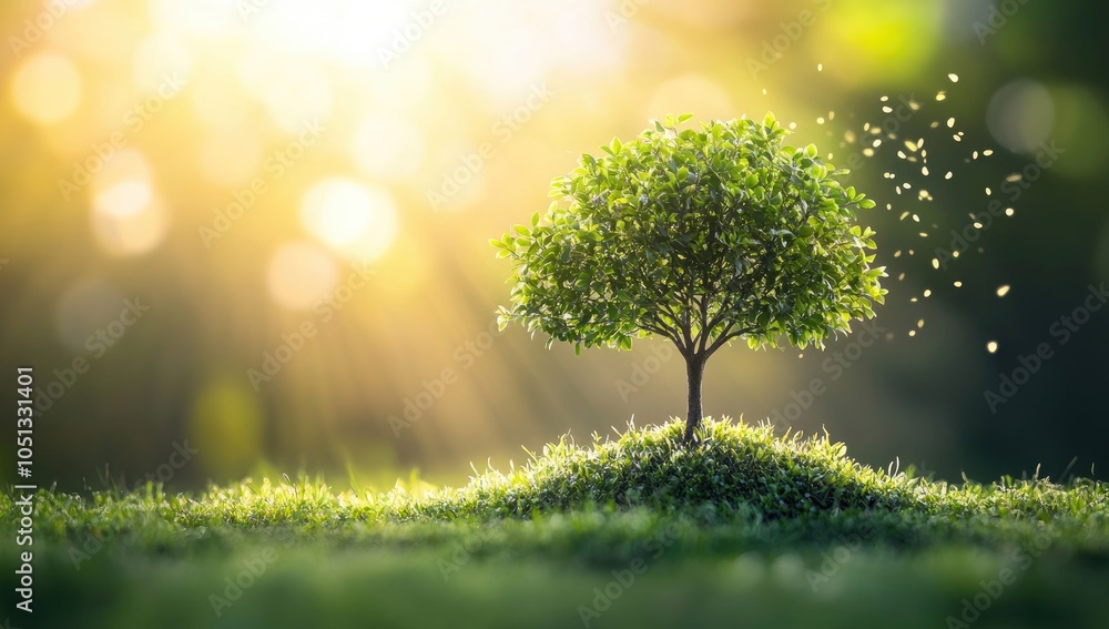 A green tree growing on the grassland, with sunlight shining through the leaves and flying particles in front of it A green tree growing on the grassland, with sunlight shining through the leaves and flying particles in front of it