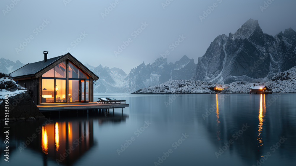 Fototapeta premium serene winter scene featuring modern cabin by tranquil lake, surrounded by snow capped mountains. warm glow from cabin contrasts beautifully with cool tones of landscape, creating peaceful