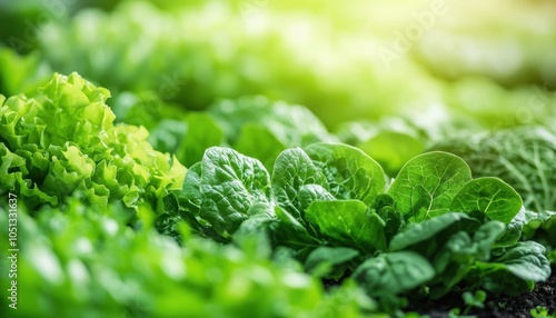 Fresh lettuce growing in a garden under natural light, vibrant green leaves, healthy and nutritious.