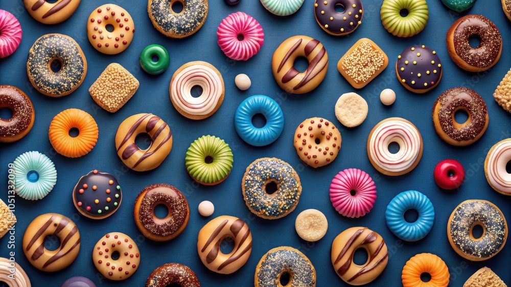 Seamless pattern of assorted donuts and sweets on a dark blue background, donuts, sweets, seamless, pattern, blue Seamless pattern of assorted donuts and sweets on a dark blue background, donuts, sweets, seamless, pattern, blue