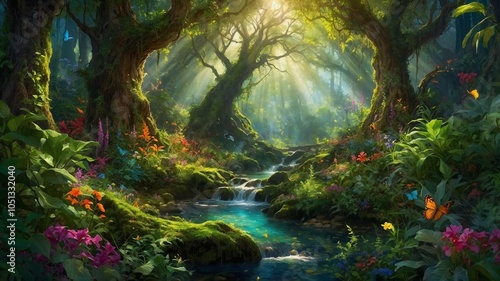 Enchanted forest, lush green trees with magical creatures, sunlight filtering through foliage, whimsical and alluring, vibrant detail