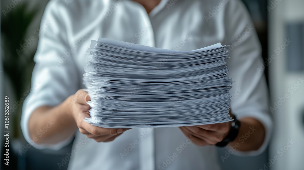 A person holds a stack of work papers with documents, deadline and workaholism at work A person holds a stack of work papers with documents, deadline and workaholism at work