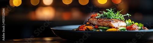 Gourmet dish served on elegant plate, decorated with fresh herbs and colorful vegetables, soft bokeh background.