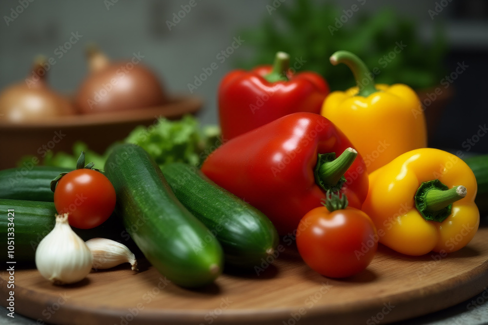 Wooden board in kitchen with fresh vegetables platter. Wooden board in kitchen with fresh vegetables platter.