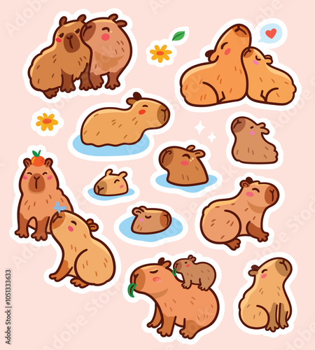 Sticker set with capybara family characters