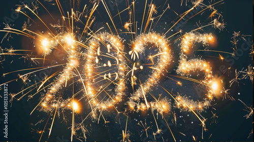 Happy New Year! Text "2025" with a fireworks background, in a golden color, with shiny gold bokeh lights and a shiny, glittering metallic surface.