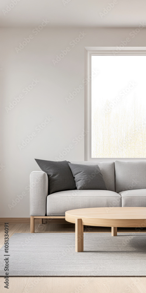 Fototapeta premium Modern living room with a light gray sofa and round wooden coffee table in a bright space