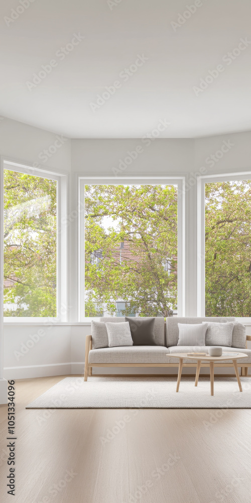 Fototapeta premium Bright and airy living room with large windows overlooking lush greenery in a modern home