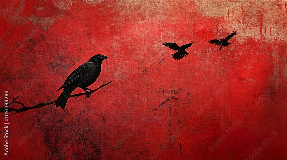 Fototapeta premium Black Crow Silhouette on Red Background - Grunge Art Print