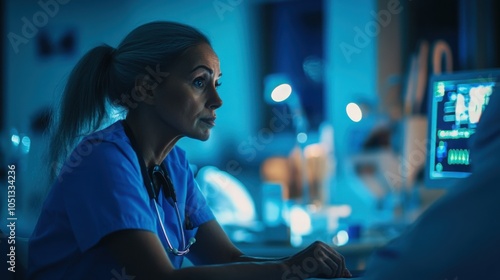 Side view of a nurse checking the patienta??s vital signs during chemotherapy, ensuring their well-being. photo