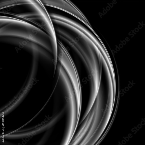 Grey black circular smoke waves abstract background. Monochrome smooth vector design