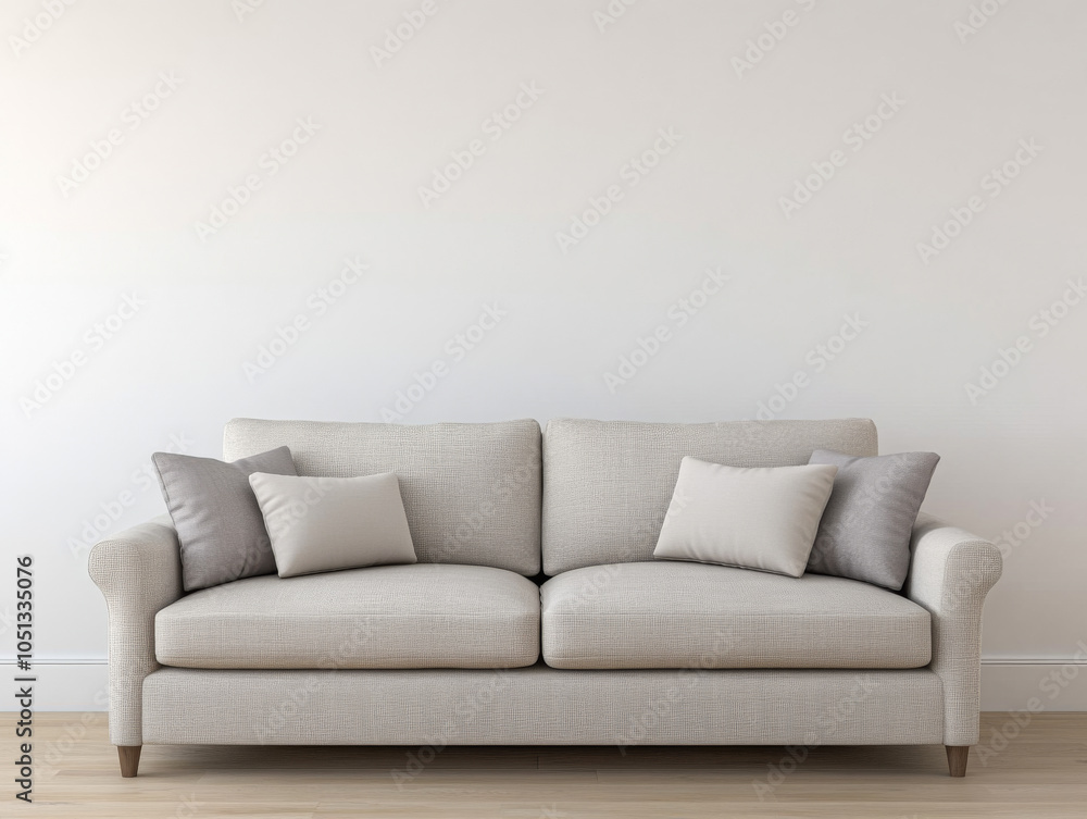 Fototapeta premium Cozy living room with a light beige sofa and decorative pillows in a minimalist space