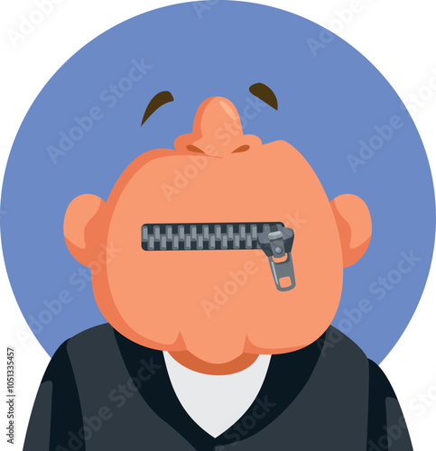 Man with Zipper Mouth Keeping Corporate Secrets Vector Cartoon Character. Lawyer having to respect confidentiality clauses not talking 
