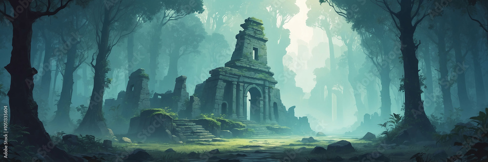 Mystical forest with light fog revealing ancient ruins Mystical forest with light fog revealing ancient ruins