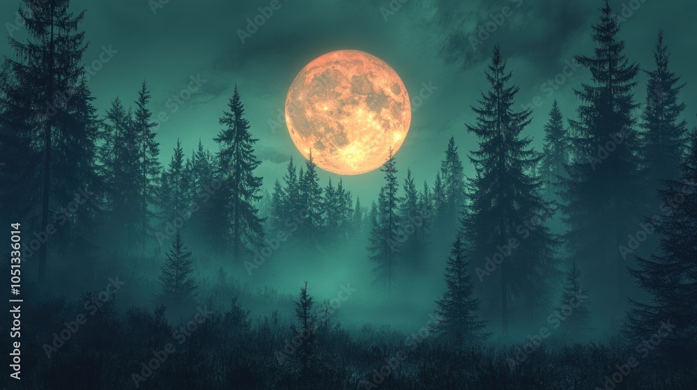 A mystical forest under a large, glowing full moon. A mystical forest under a large, glowing full moon.