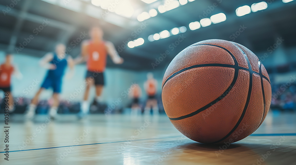 Naklejka premium A basketball on a court with the spotlight, Generative AI