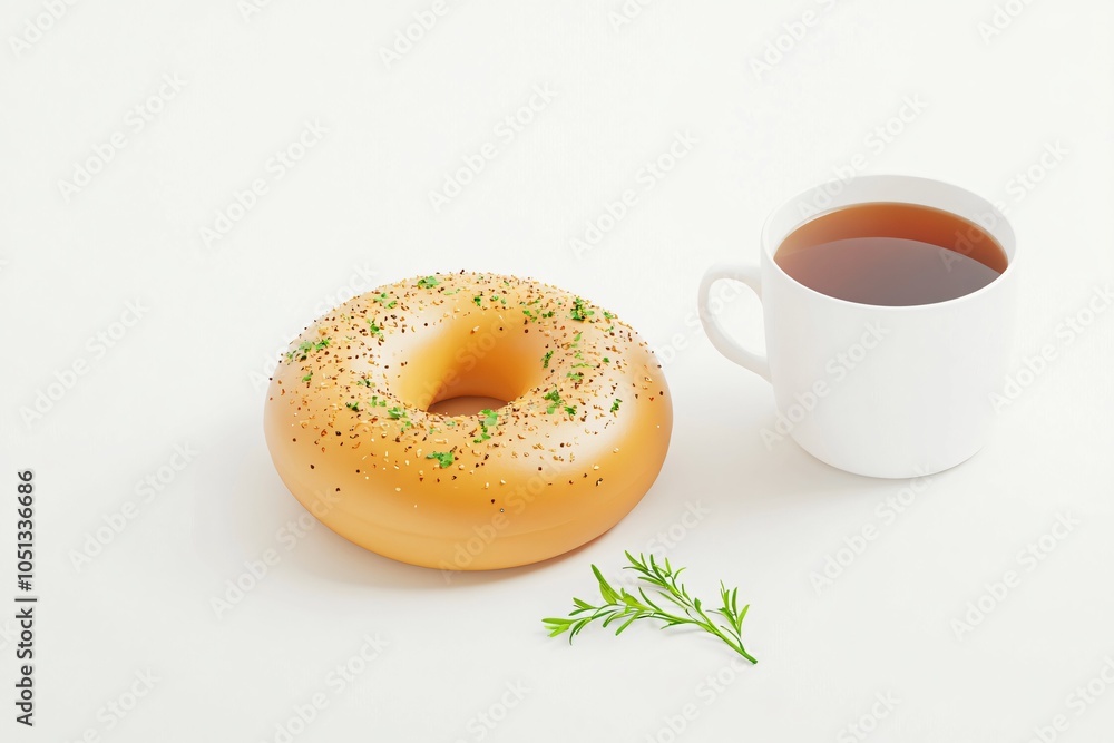 3D Breakfast Icon Featuring a Bagel with Cream Cheese and Herbs Alongside a Cup of Tea on White Surface 3D Breakfast Icon Featuring a Bagel with Cream Cheese and Herbs Alongside a Cup of Tea on White Surface