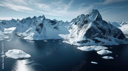 Wallpaper Mural Majestic snow capped mountains rise dramatically above serene, icy fjord, creating breathtaking winter landscape. tranquil waters reflect stunning peaks, enhancing beauty of this remote location Torontodigital.ca