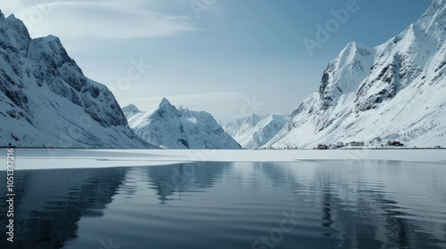 Wallpaper Mural Majestic snow covered peaks surround tranquil lake, reflecting stunning landscape of Lofoten Islands. serene atmosphere evokes sense of peace and wonder Torontodigital.ca