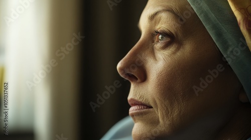 Side view of a patienta??s face, showing their calm demeanor during chemotherapy treatment. photo