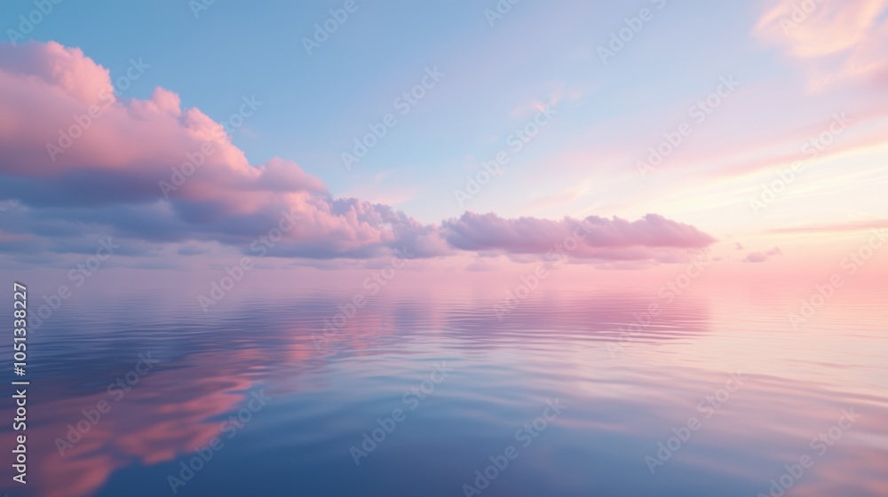 Obraz premium Serene ocean view with soft pink clouds reflecting on the calm water surface at sunset.