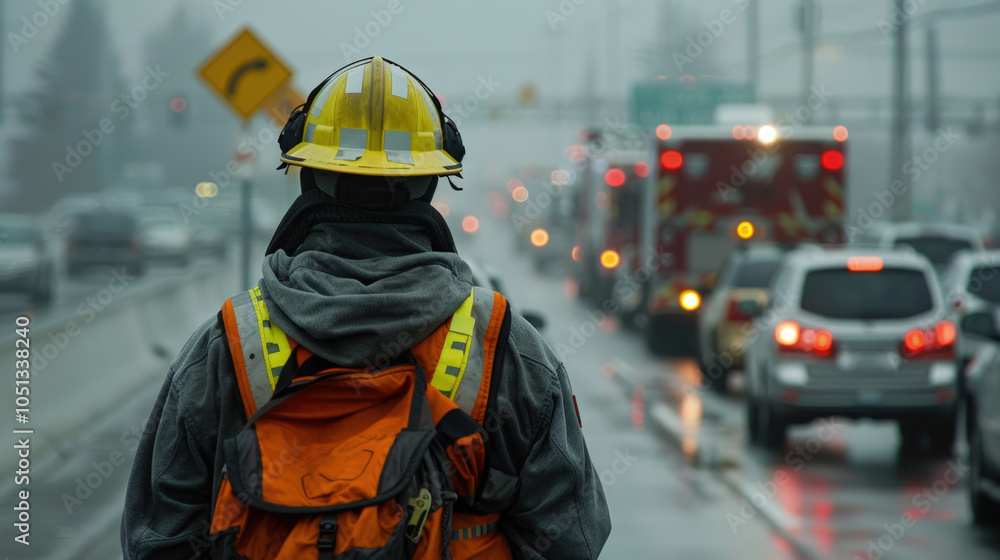 construction worker in yellow hard hat stands on foggy freeway, observing multi vehicle accident with emergency vehicles in background. scene conveys sense of urgency and caution construction worker in yellow hard hat stands on foggy freeway, observing multi vehicle accident with emergency vehicles in background. scene conveys sense of urgency and caution