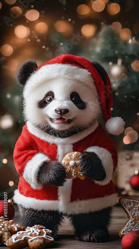 Xmas vibes - christmas mood - happy funny cute panda bear wearing santa claus hat in front of christmas tree. Vertical banner for instagram story, reel or tiktok	