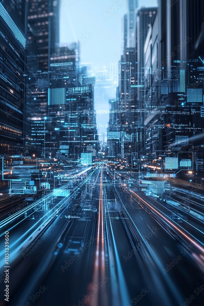 Fototapeta premium Futuristic city, AI integration, smart technology, holographic interfaces