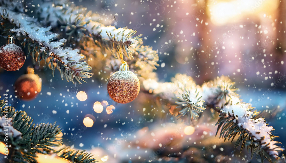Christmas tree outdoor with snow, lights bokeh around, and snow falling, Christmas atmosphere. Christmas tree outdoor with snow, lights bokeh around, and snow falling, Christmas atmosphere.