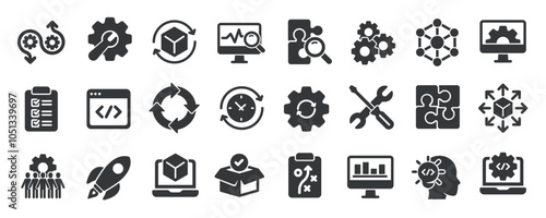 DevOps glyph solid icons collection. Containing development, operations, process, build, product. Minimal icon and symbol series vector illustration