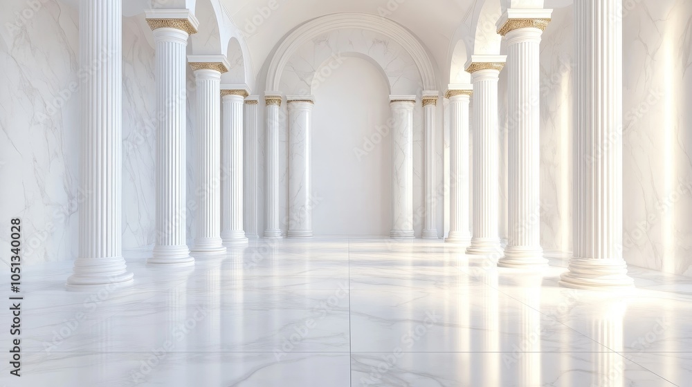 A serene, marble-floored interior with grand columns and arches, evoking elegance and tranquility. A serene, marble-floored interior with grand columns and arches, evoking elegance and tranquility.