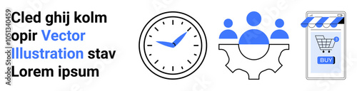 Clock and team gears next to an online shopping icon with lorem ipsum text. Ideal for business, productivity, teamwork, e-commerce, and digital marketing. Banner for landing page