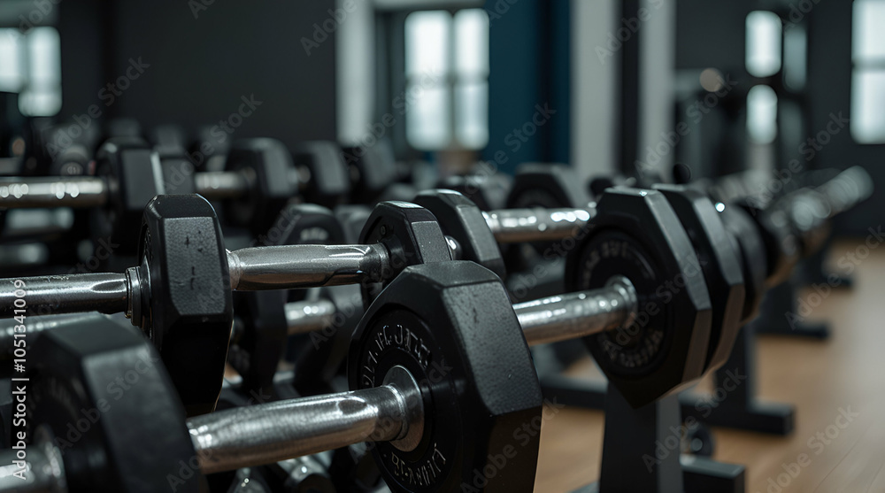 Fototapeta premium Row of Black dumbbell set Close up many.generative.ai